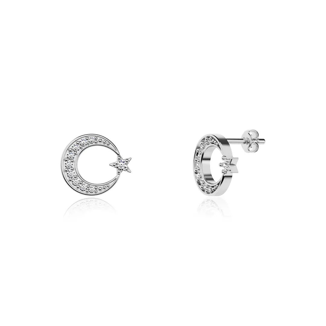 Small Star and Crescent White Silver Earrings