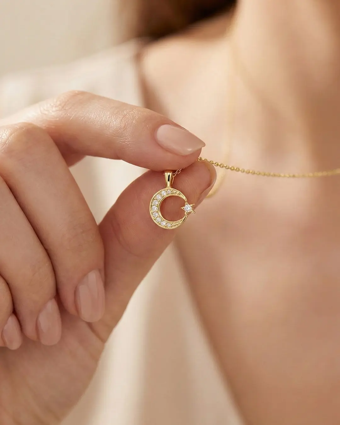 Small Star and Crescent 14 K Gold Necklace
