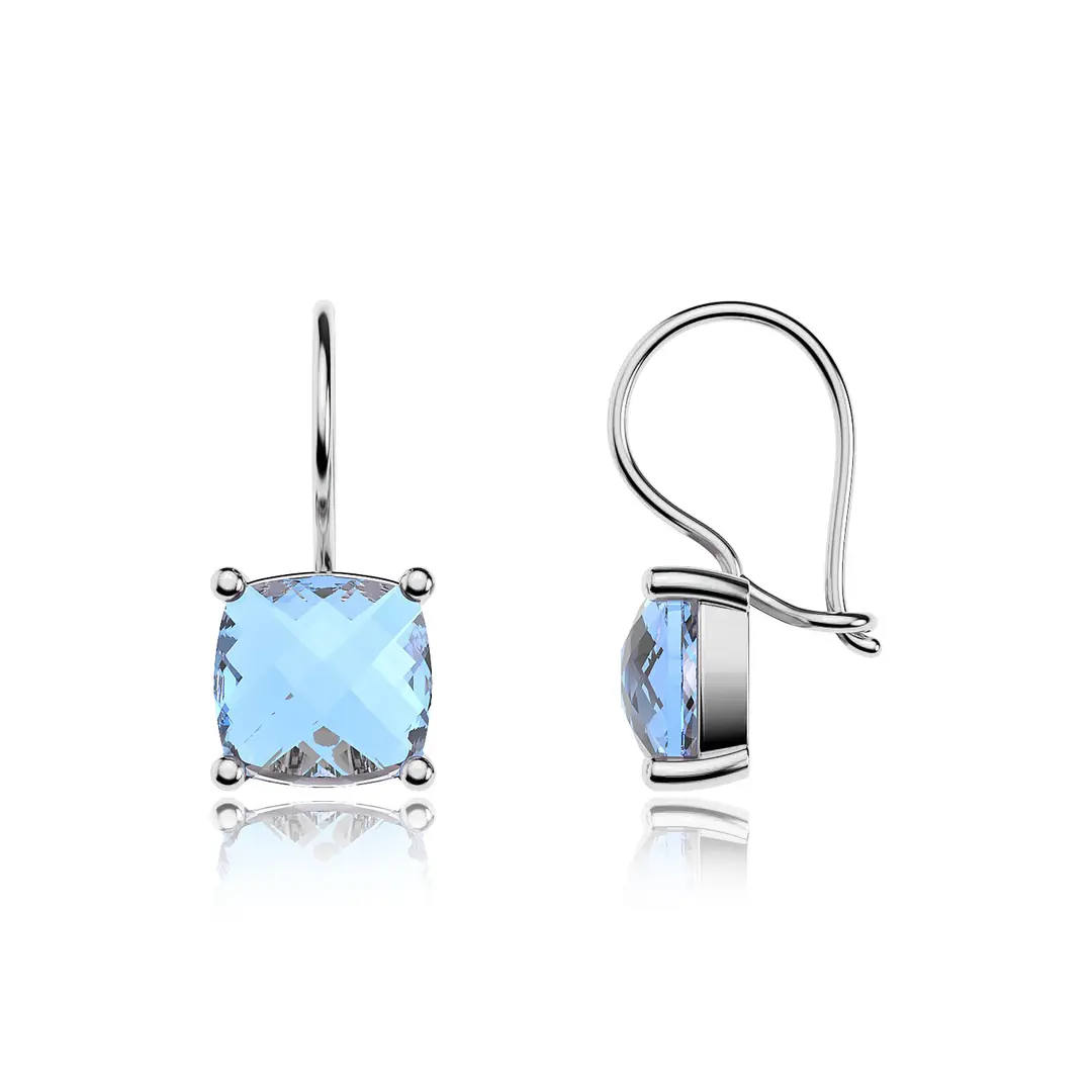 Square Aqua Stone-set Solitaire White Silver Earrings