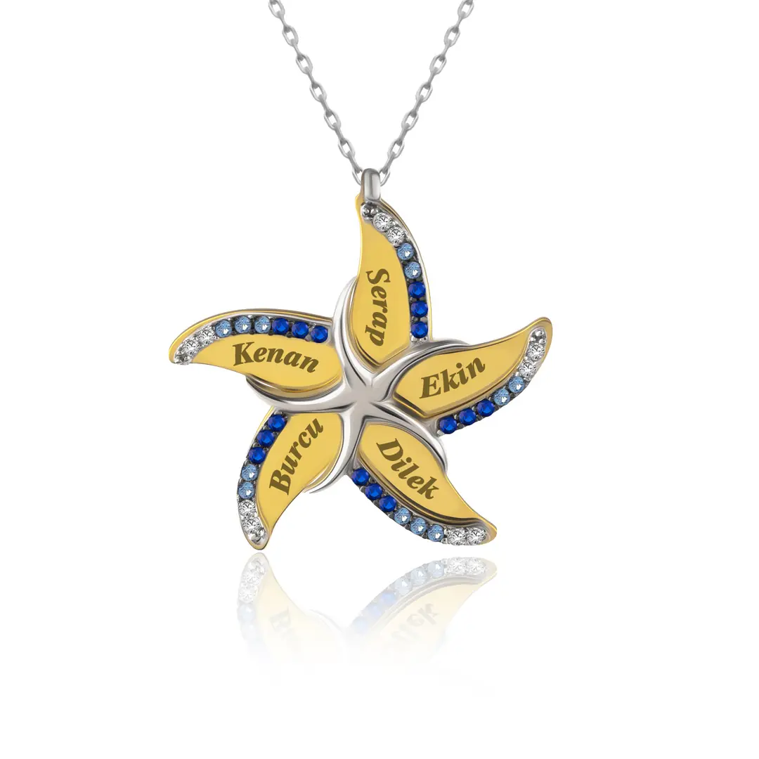 Personalized 5 Personalized Aqua Geçişli Sea Star Silver Necklace