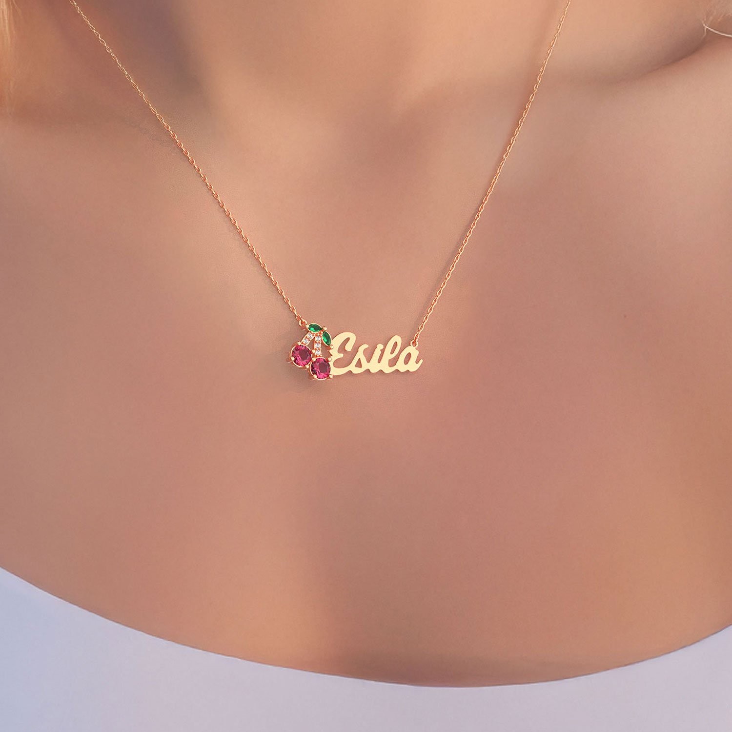 Taşlı Kiraz İsimli Rose Gümüş Kolye
