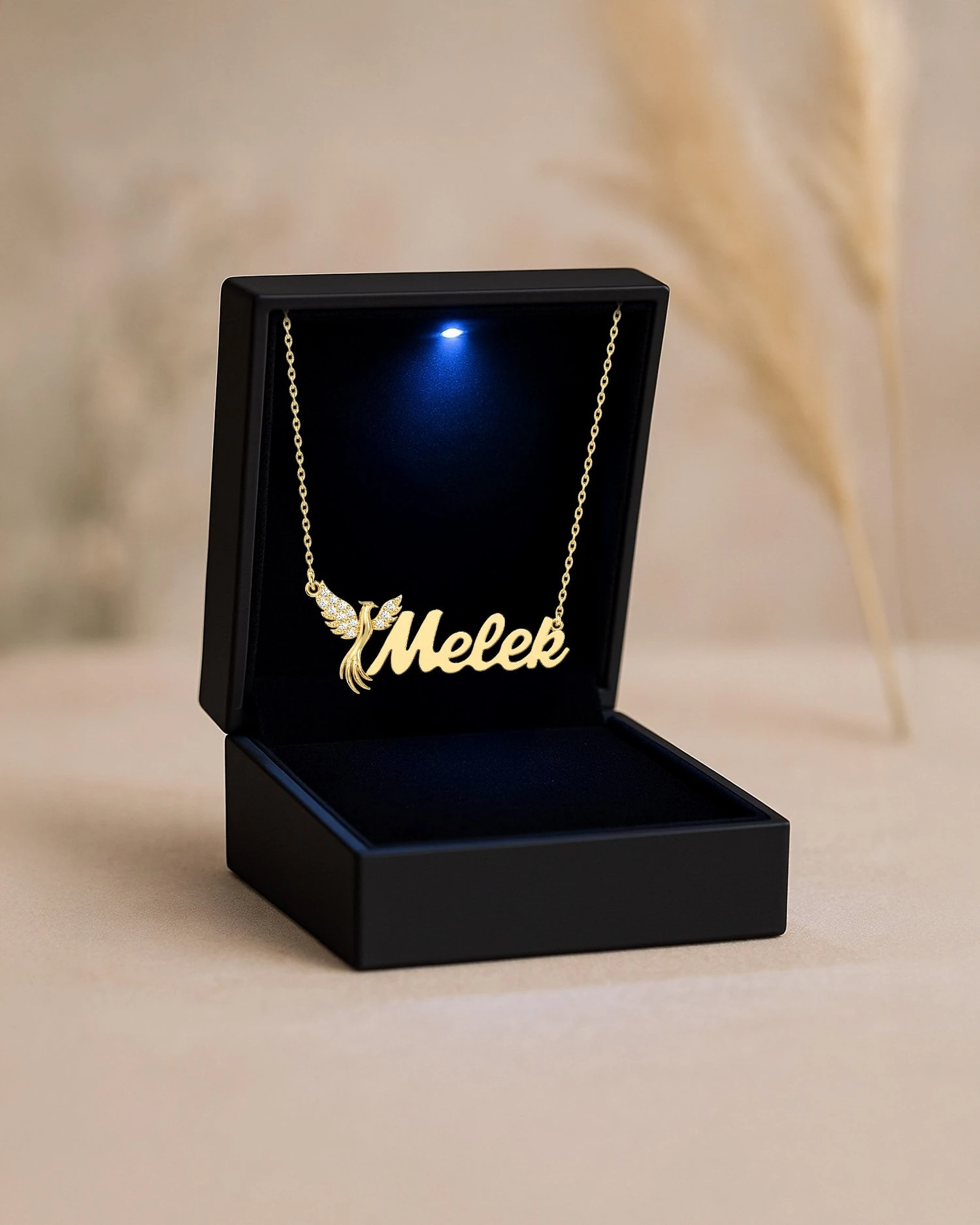 Işıklı Kutuda İsimli Anka Kuşu Altın Kaplama Gümüş Kolye