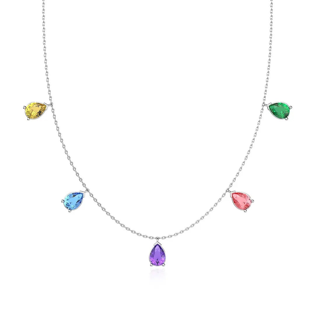 Mixed Colored Drop Stones White Silver Necklace