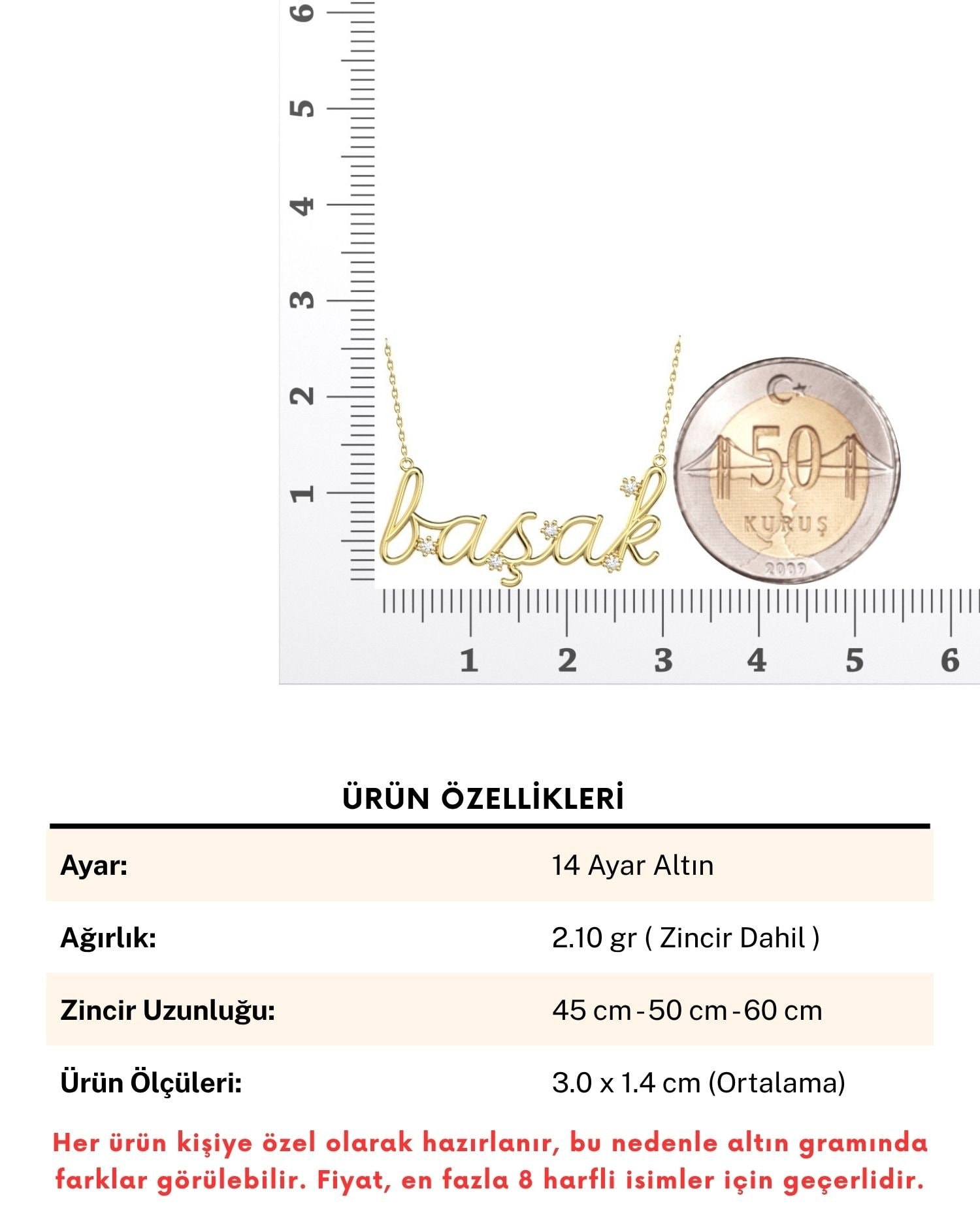 Taşlı Zarif Tasarım İsimli 14 Ayar Altın Kolye