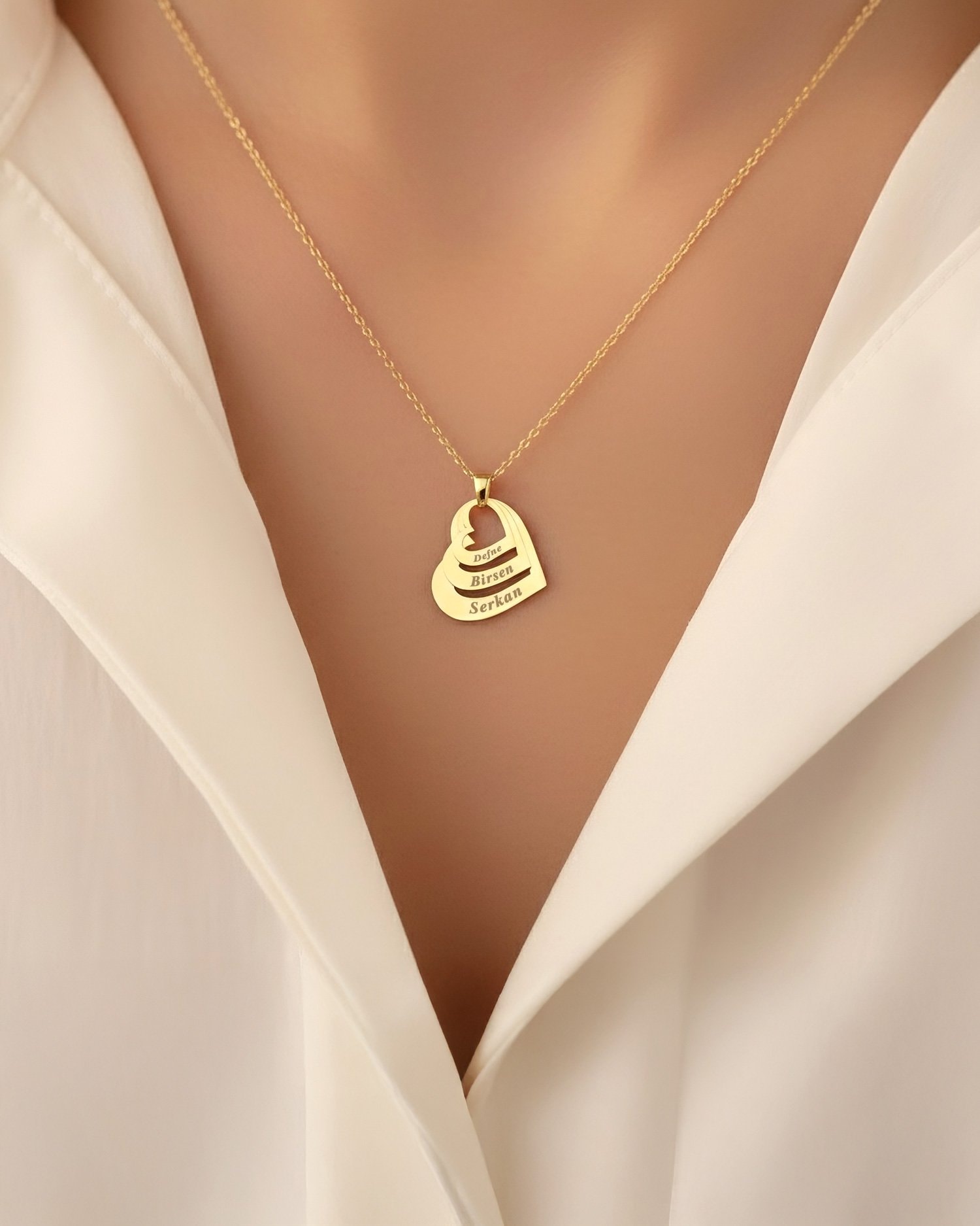 Üç İsimli Kalpler 14 Ayar Altın Kolye