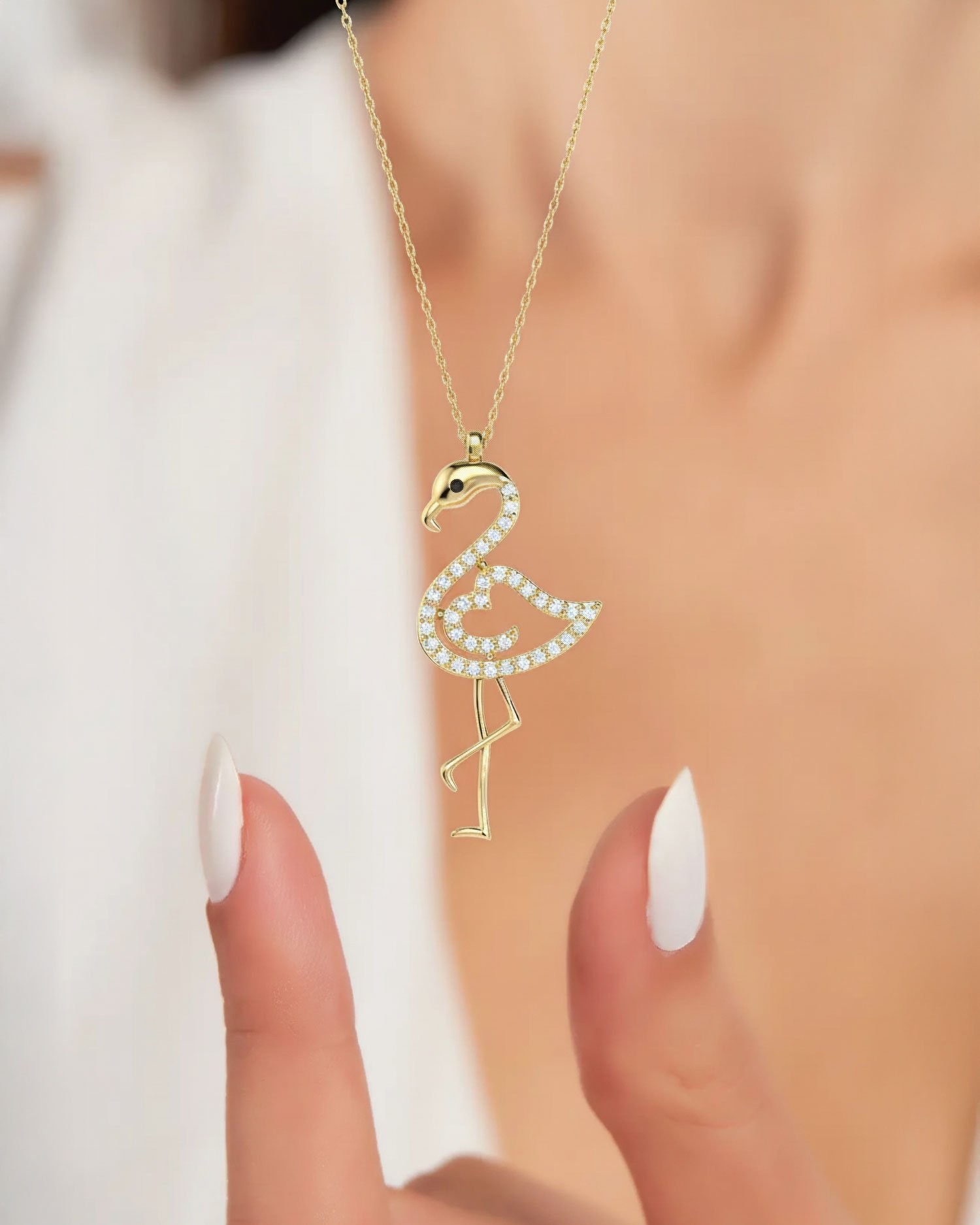 Taşlı Flamingo 14 Ayar Altın Kolye