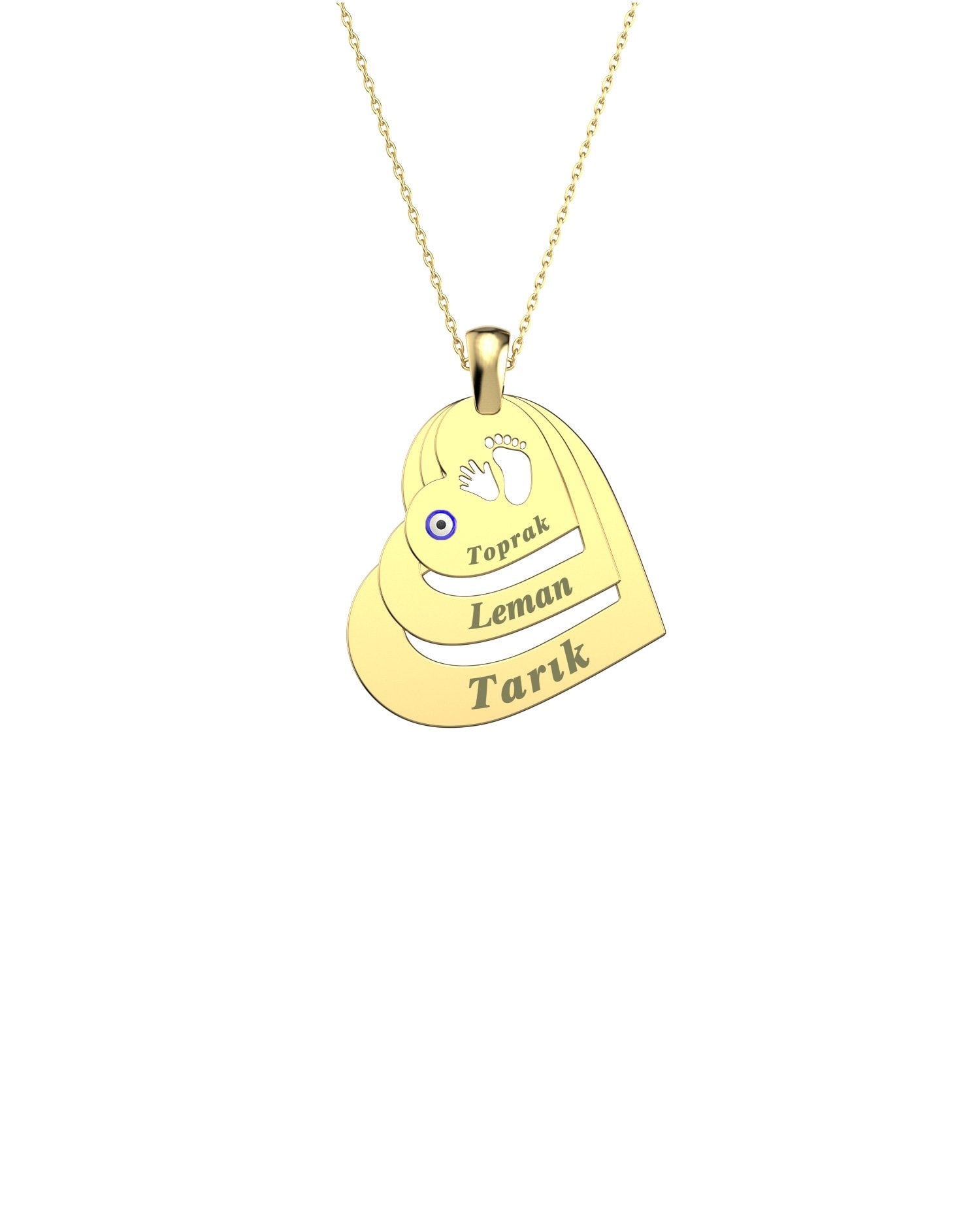 Üçlü İsimli Ayak İzi Kalpler 14 Ayar Altın Kolye