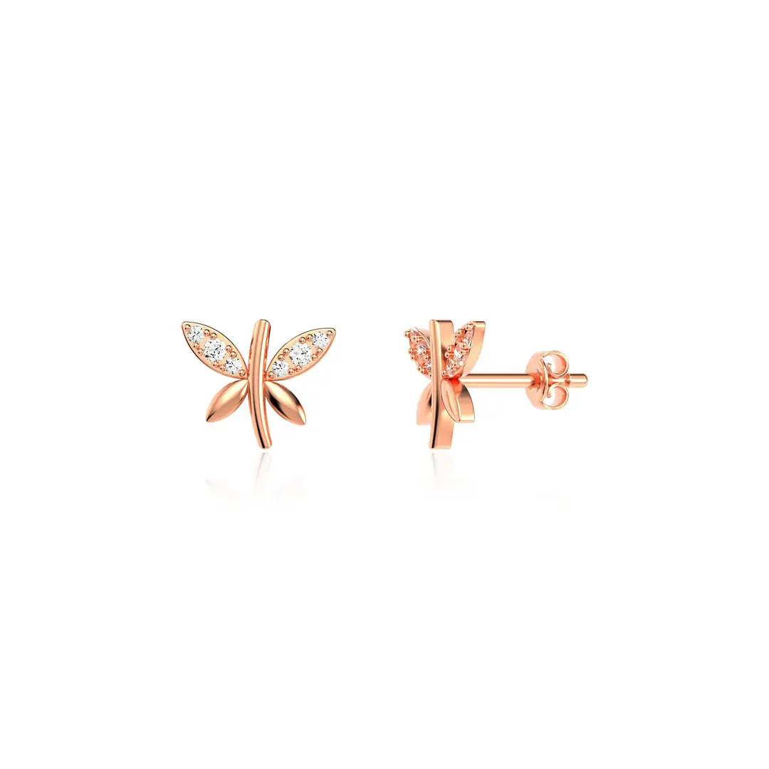 Small Dragonfly Rose Stud Silver Earrings