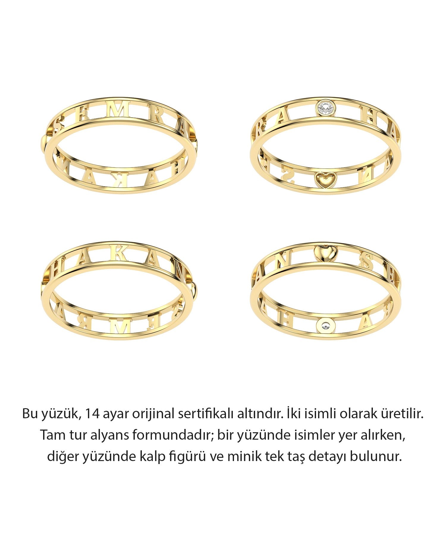 Şerit İki İsimli Tamtur Alyans 14 Ayar Altın Yüzük