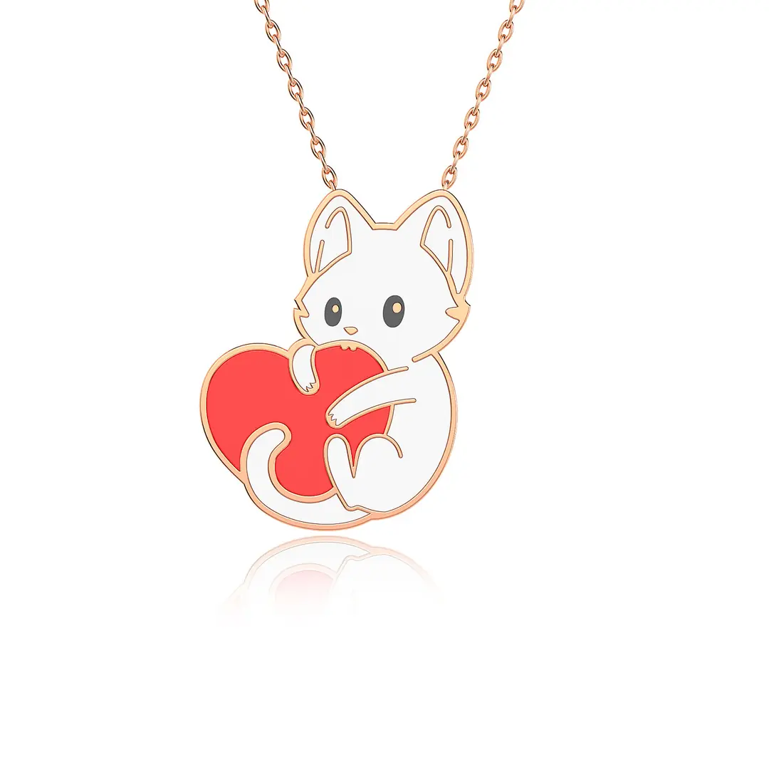 Enamel Heart Tutan Cat Rose Silver Necklace