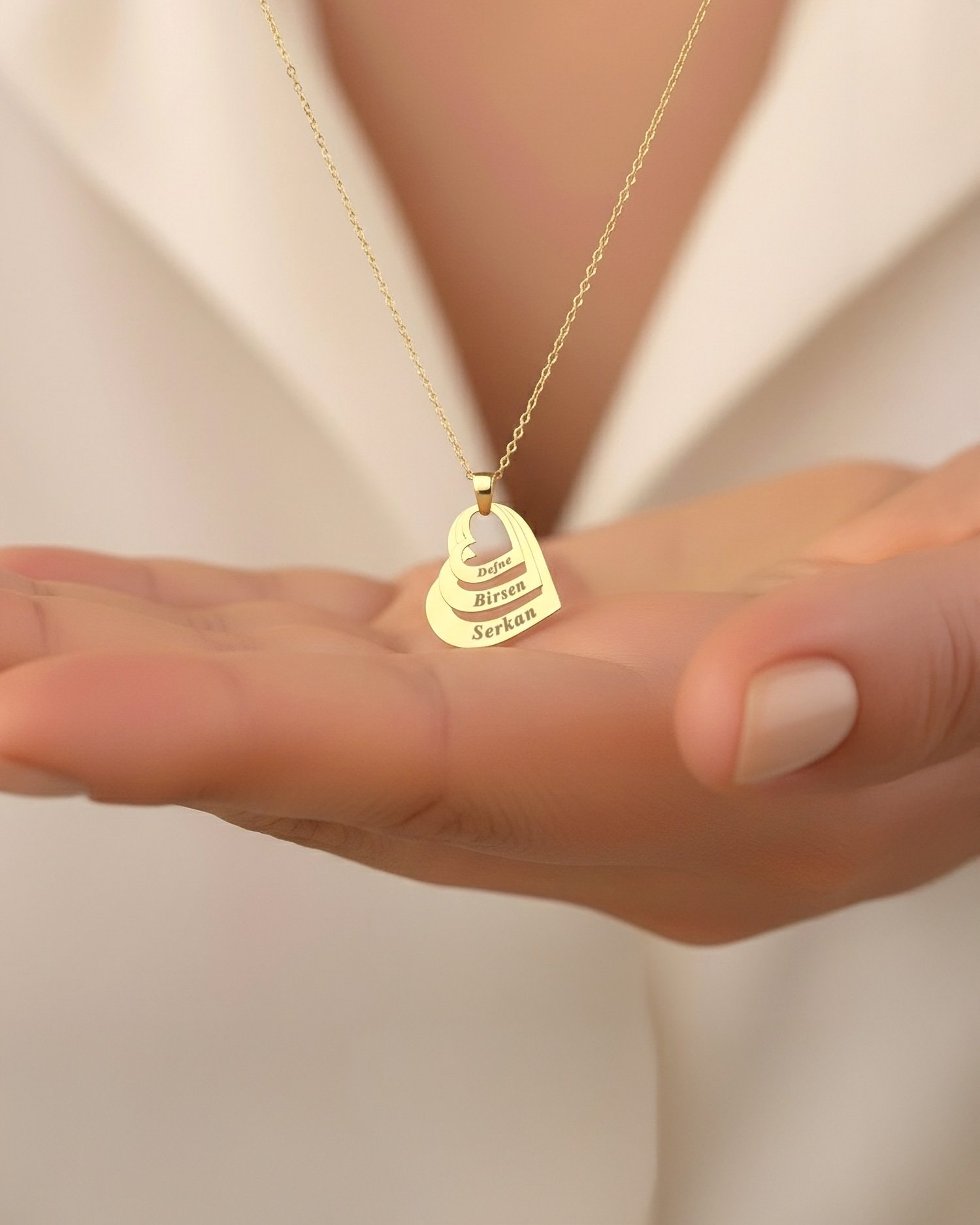 Üç İsimli Kalpler 14 Ayar Altın Kolye