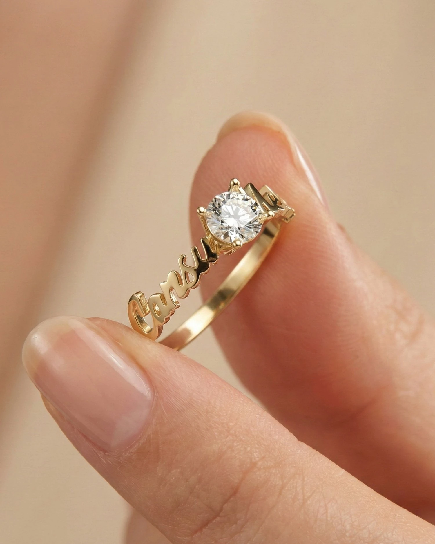 İki İsimli Tek Taş 14 Ayar Altın Yüzük