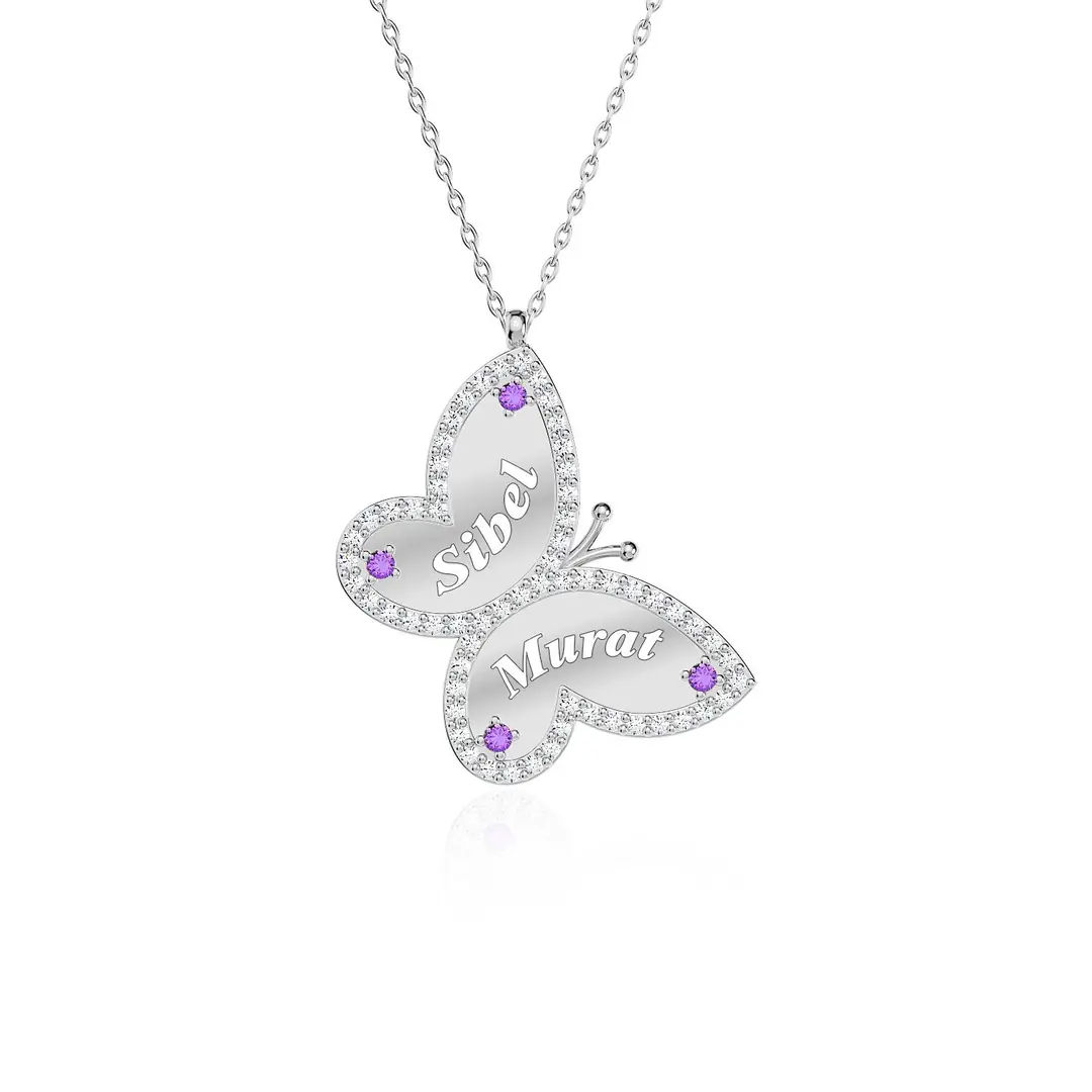 Personalized 2 Personalized Amethyst Butterfly White Silver Necklace