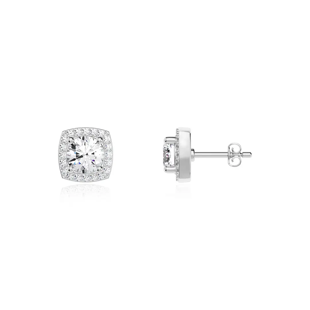 Square Frame Solitaire White Silver Earrings