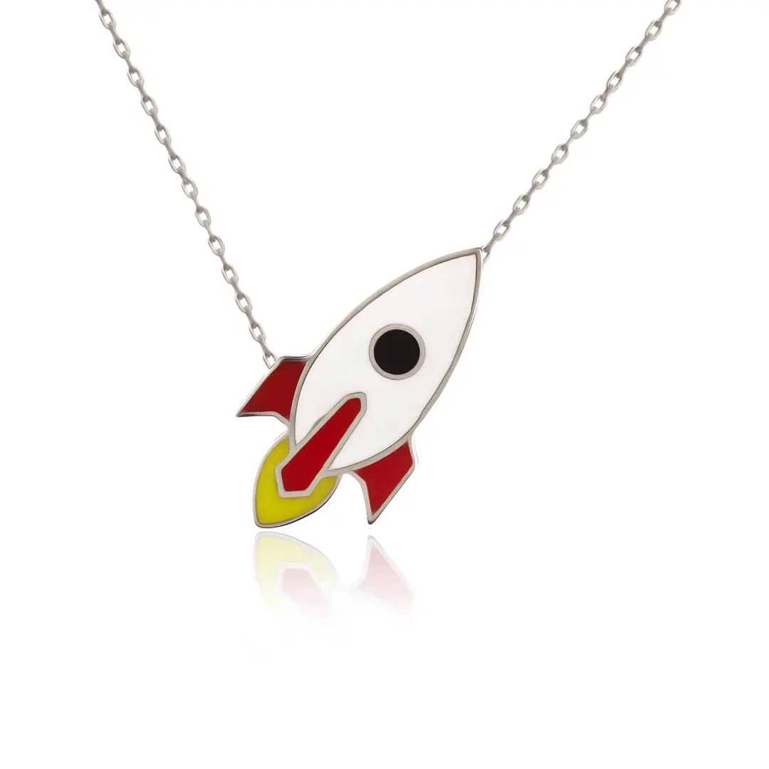 Enamel Uzaya Giden Roket Silver Necklace