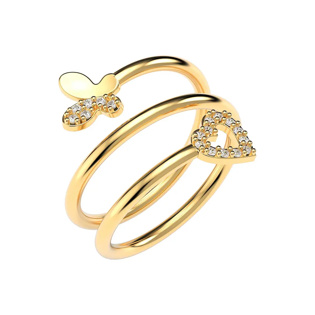 Butterfly Heart Akordiyon Gold Plated Silver Ring