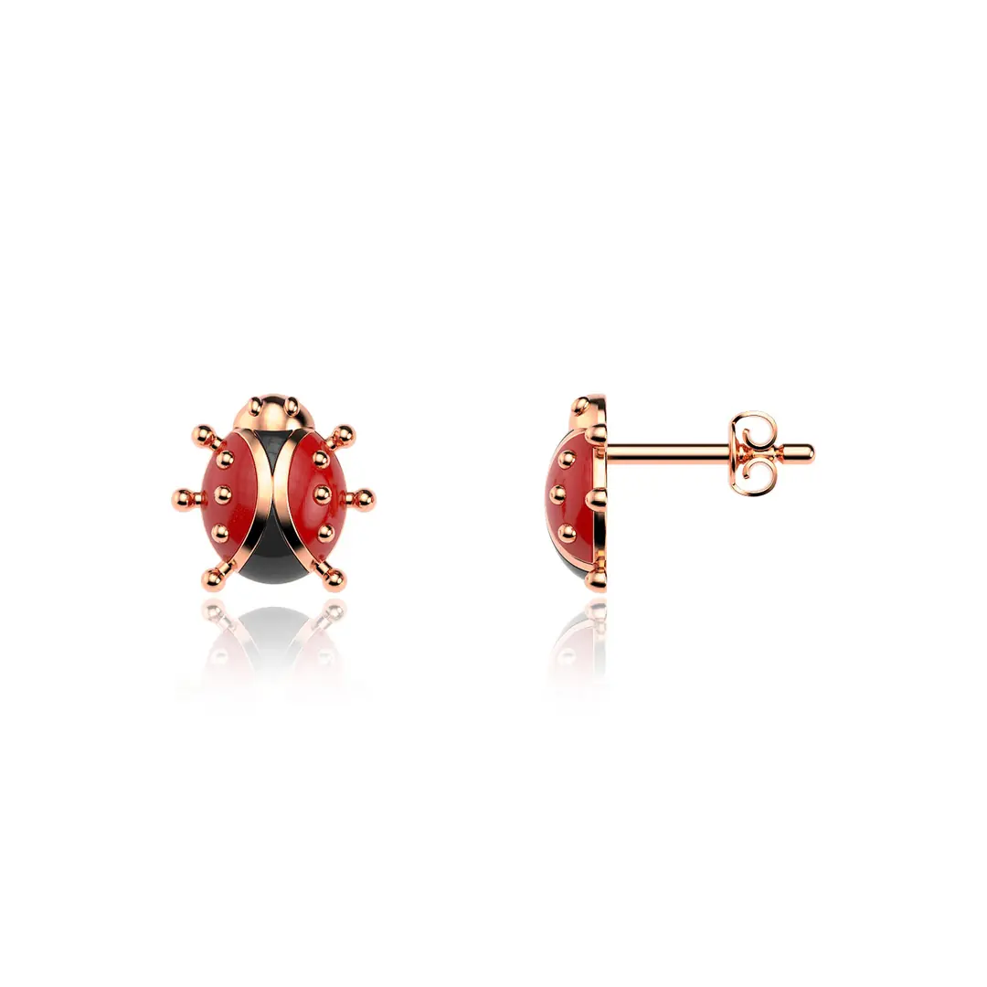 Enamel Charm Beetle Rose Silver Earrings