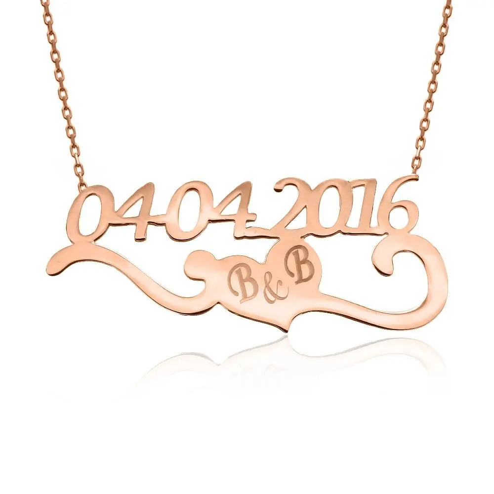 Personalized Rose Initial Date Silver Necklace