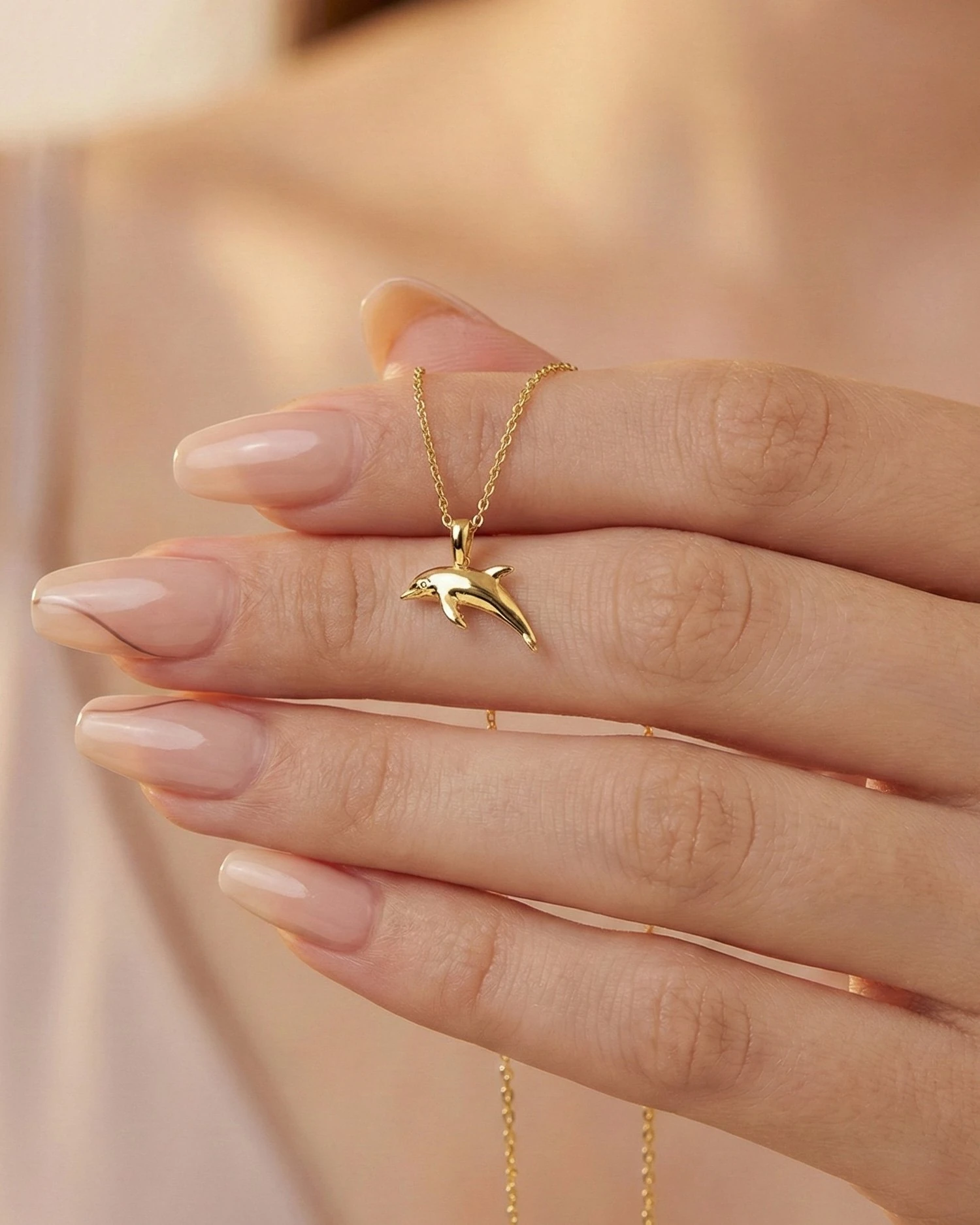 Üç Boyutlu Sade Minik Yunus 14 Ayar Altın Kolye
