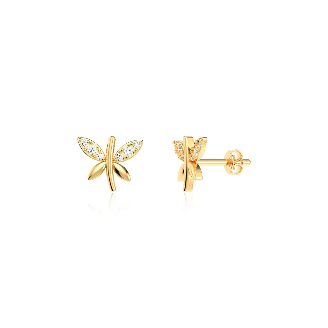 Small Dragonfly Gold Plated Stud Silver Earrings