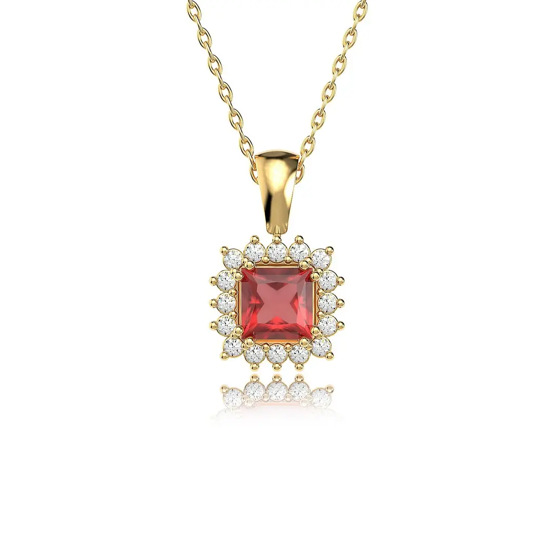 Square Fuşya Stone-set Anturaj Gold Plated Silver Necklace