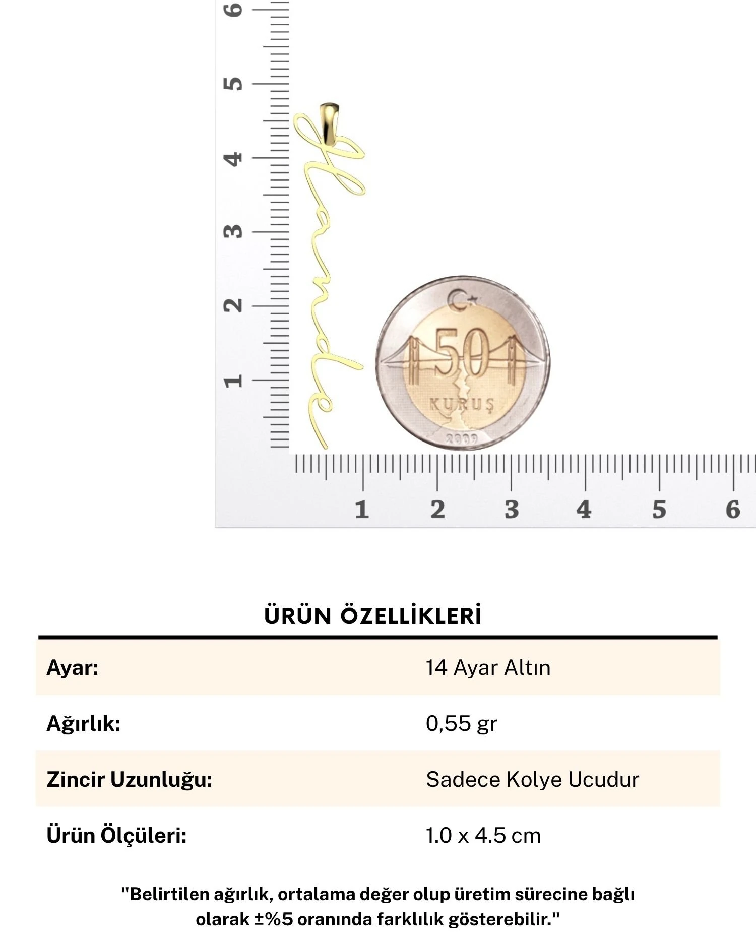 Dik İmza İsimli 14 Ayar Altın Kolye Ucu