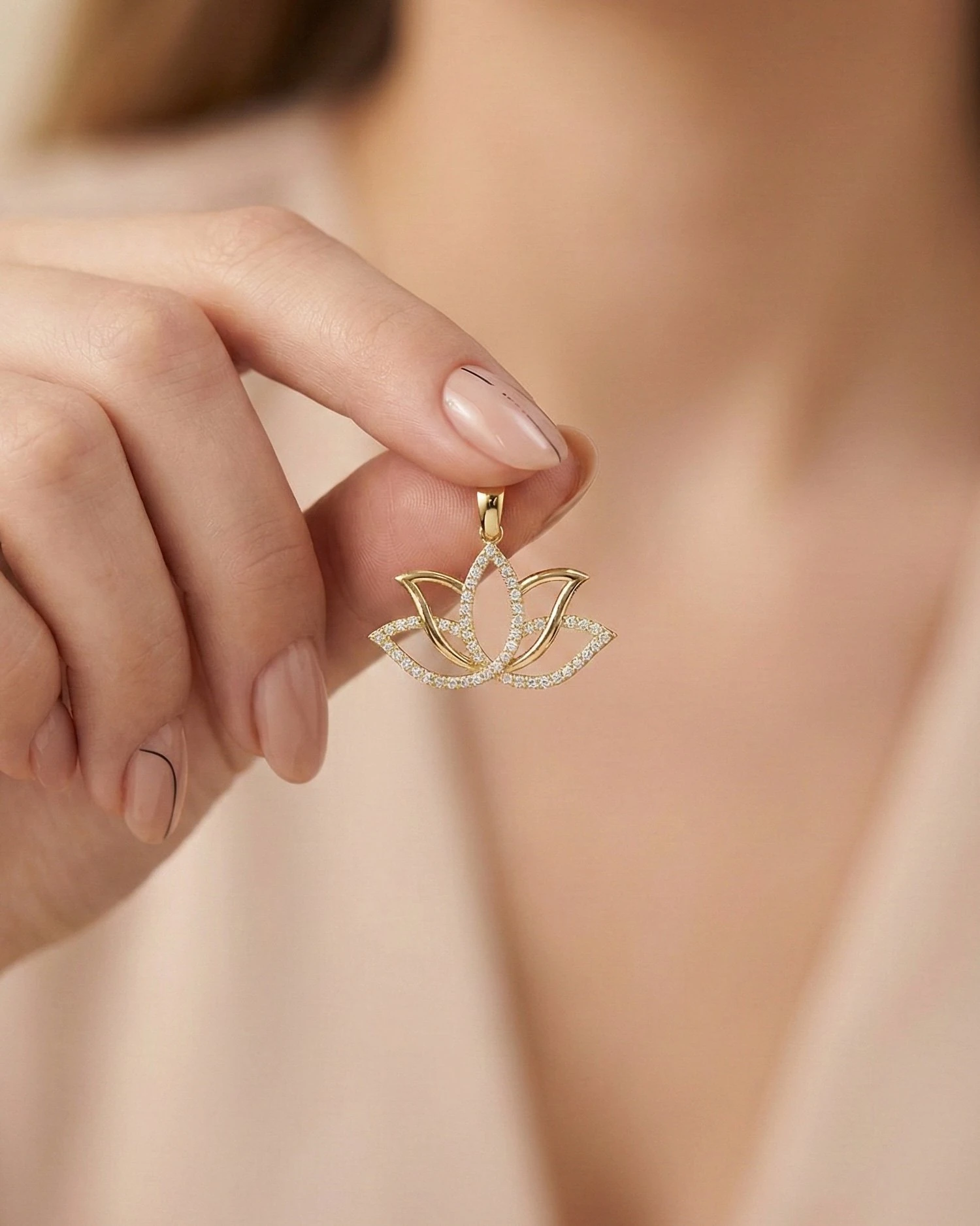 Taşlı Lotus Çiçeği 14 Ayar Altın Kolye Ucu