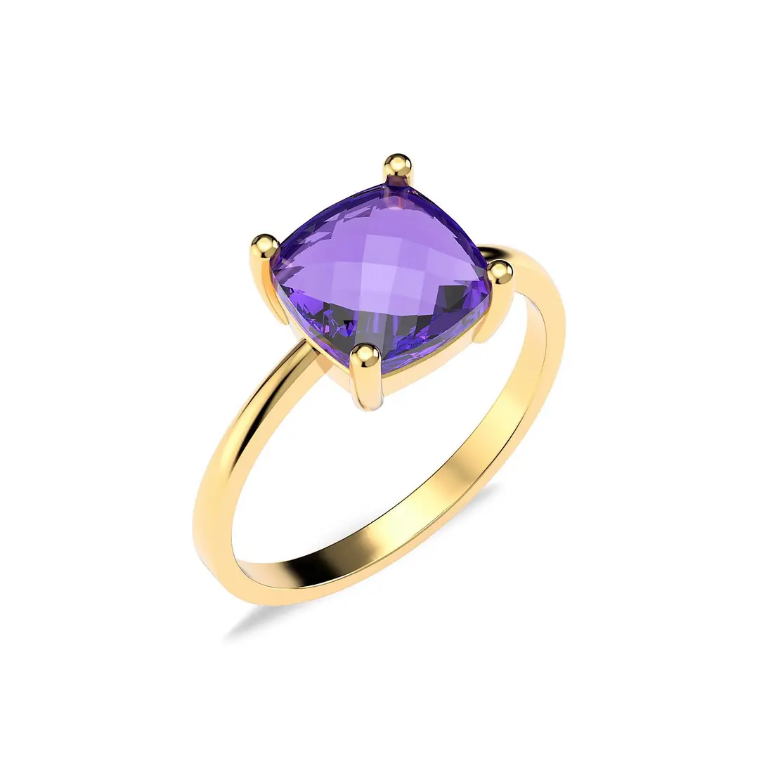 Square Amethyst Stone-set Solitaire Gold Plated Silver Ring