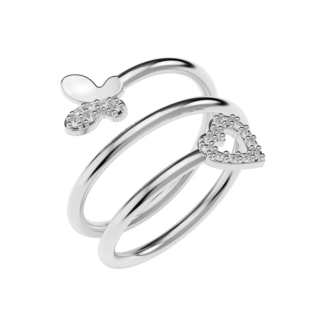 Butterfly Heart Akordiyon White Silver Ring