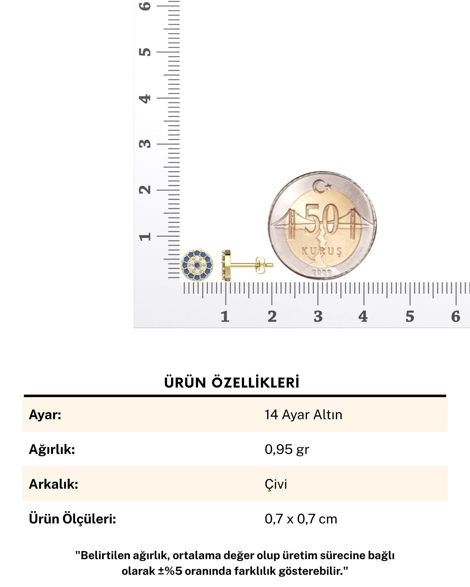 Küçük Nazar Boncuğu Çivi 14 Ayar Altın Küpe