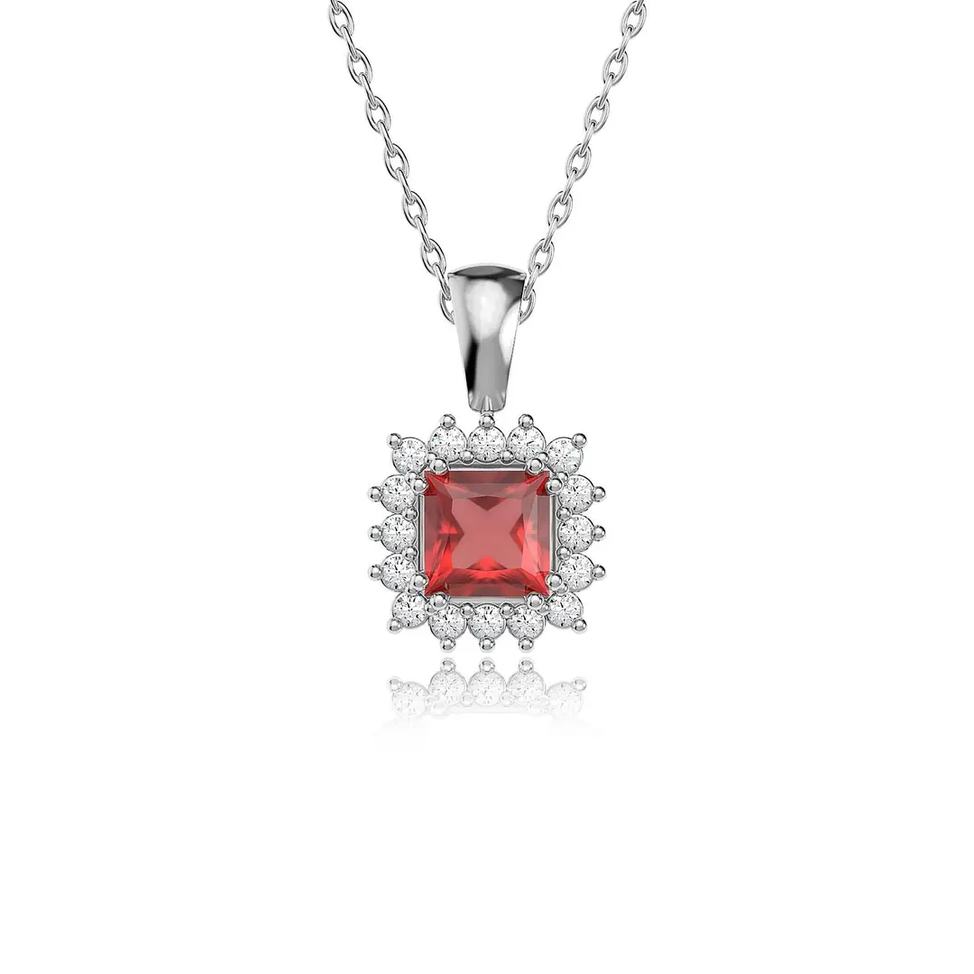 Square Fuşya Stone-set Anturaj White Silver Necklace