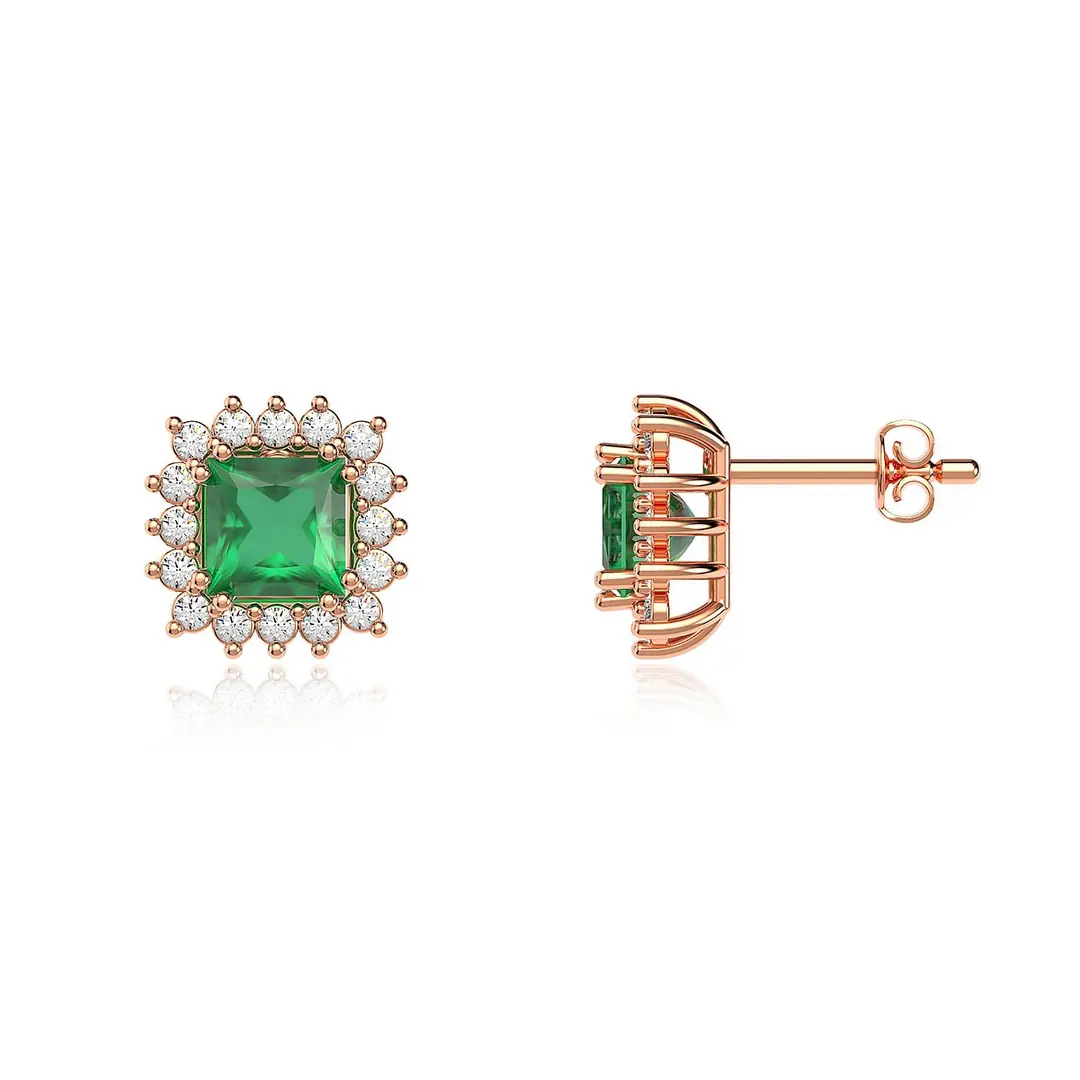 Square Green Stone-set Anturaj Rose Silver Earrings
