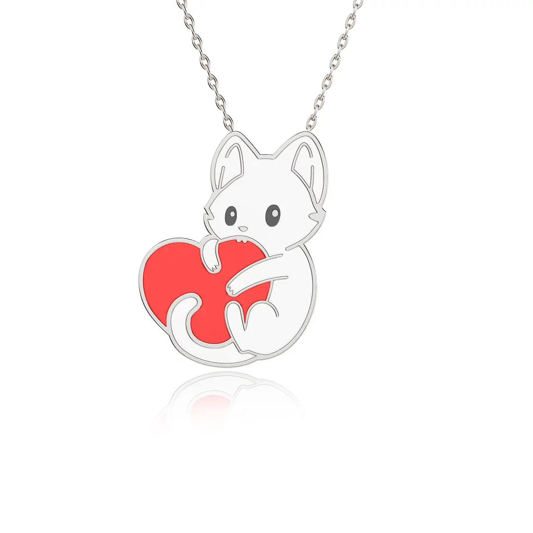 Enamel Heart Tutan Cat Silver Necklace