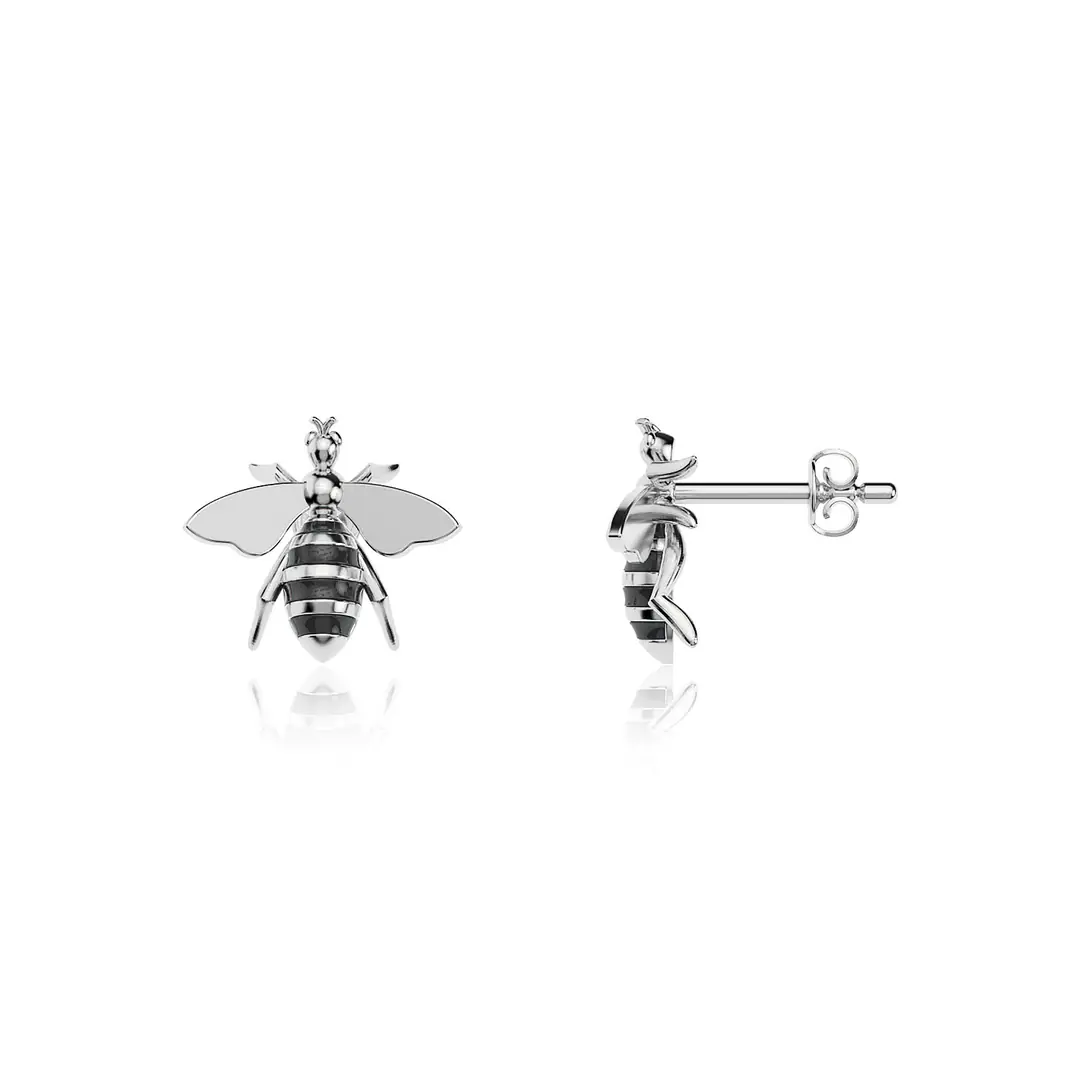 Enamel Bee White Silver Earrings