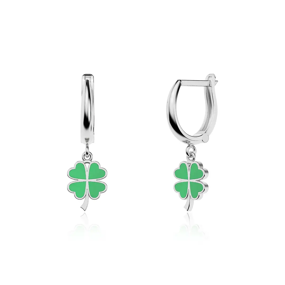 Enamel Clover White Silver Earrings