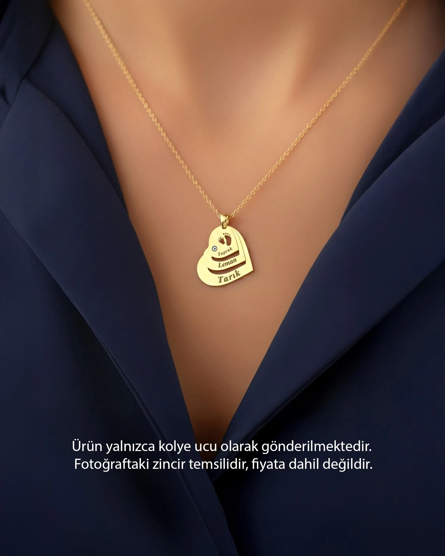 Üçlü İsimli Ayak İzi Kalpler 14 Ayar Altın Kolye Ucu