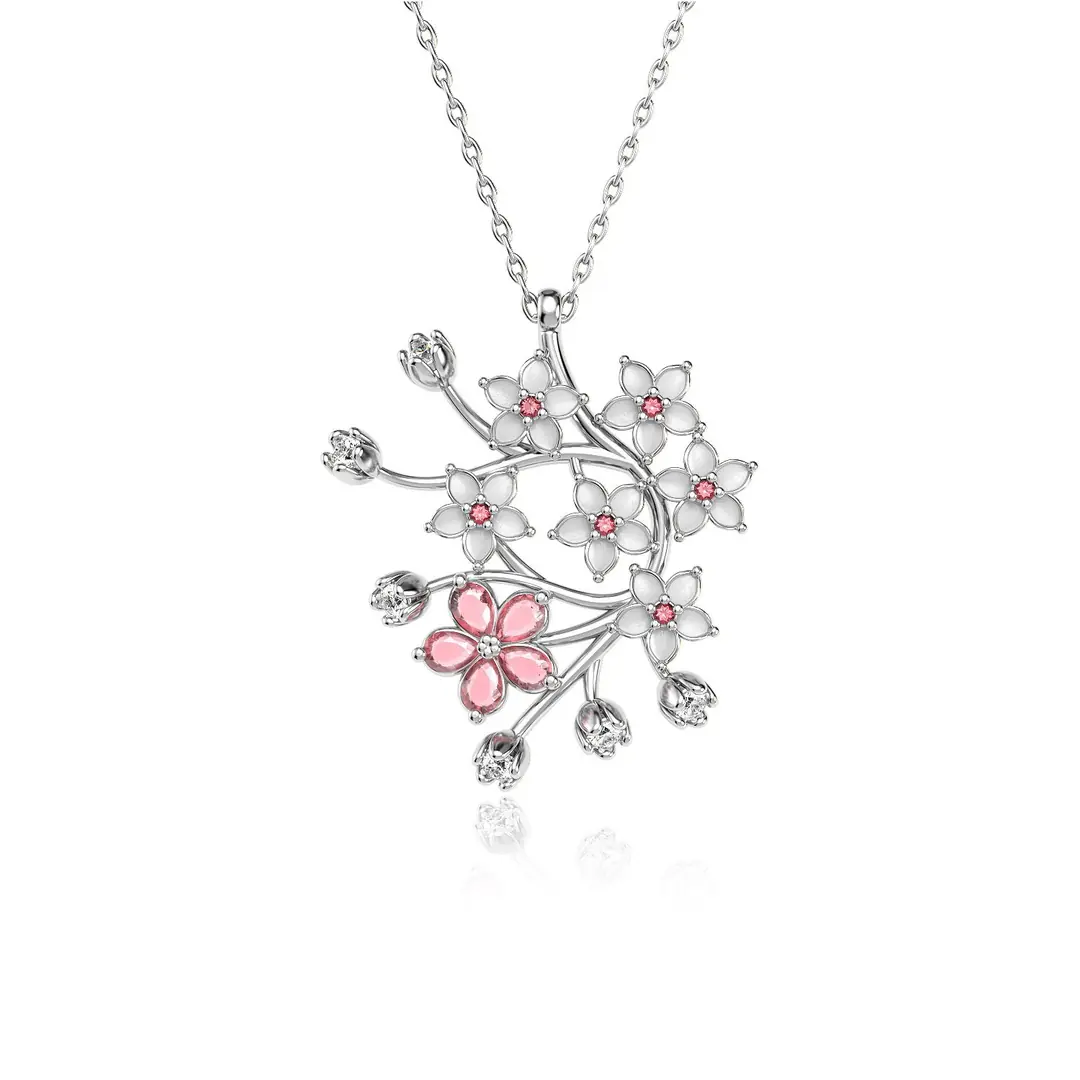 Kiraz Flower Sakura White Silver Necklace