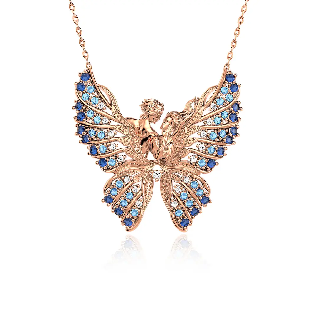 Kelebeğin Rüyası Aqua Geçişli Rose Silver Necklace