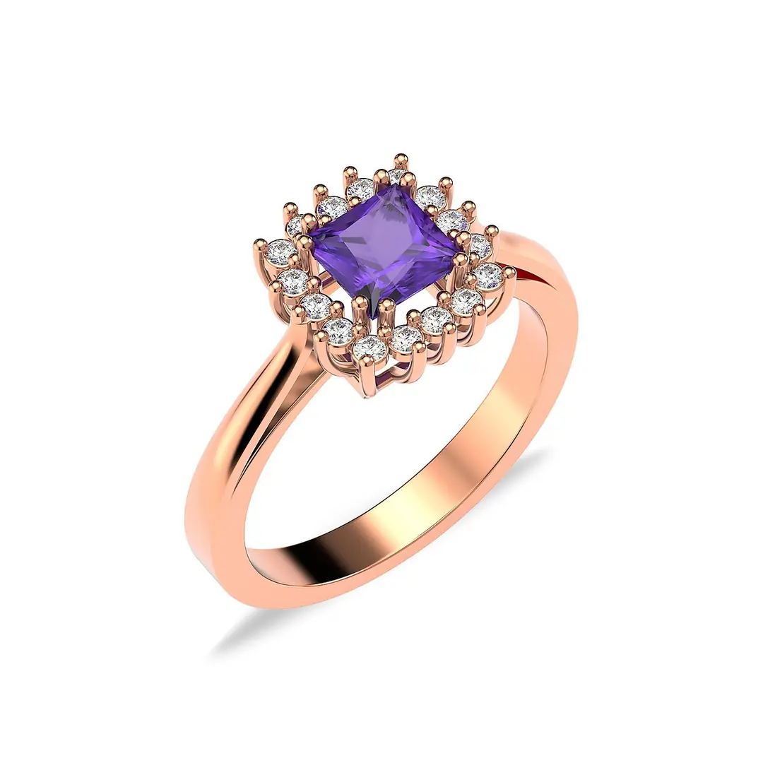 Square Amethyst Stone-set Anturaj Diamond Mount Rose Silver Ring