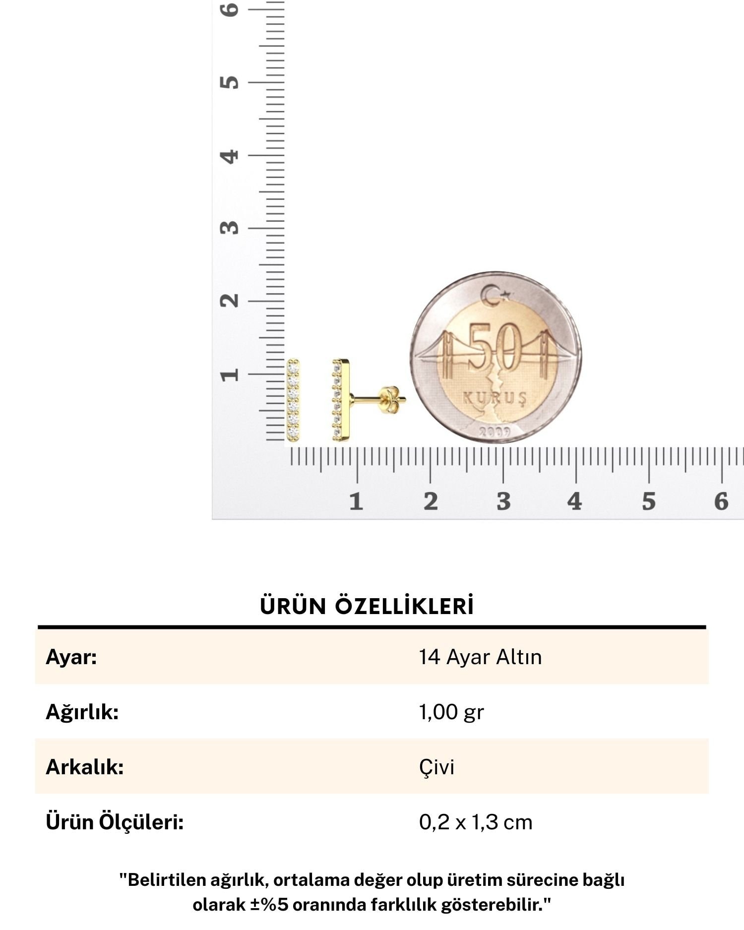 Taşlı Minik Çubuk 14 Ayar Altın Küpe