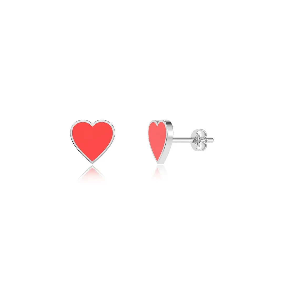 Enamel Heart White Stud Silver Earrings