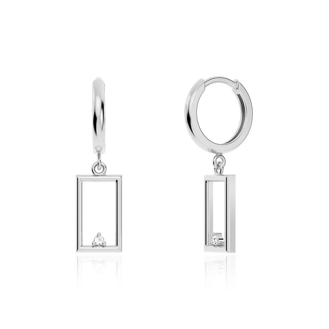 Small Rectangle Frame White Silver Earrings