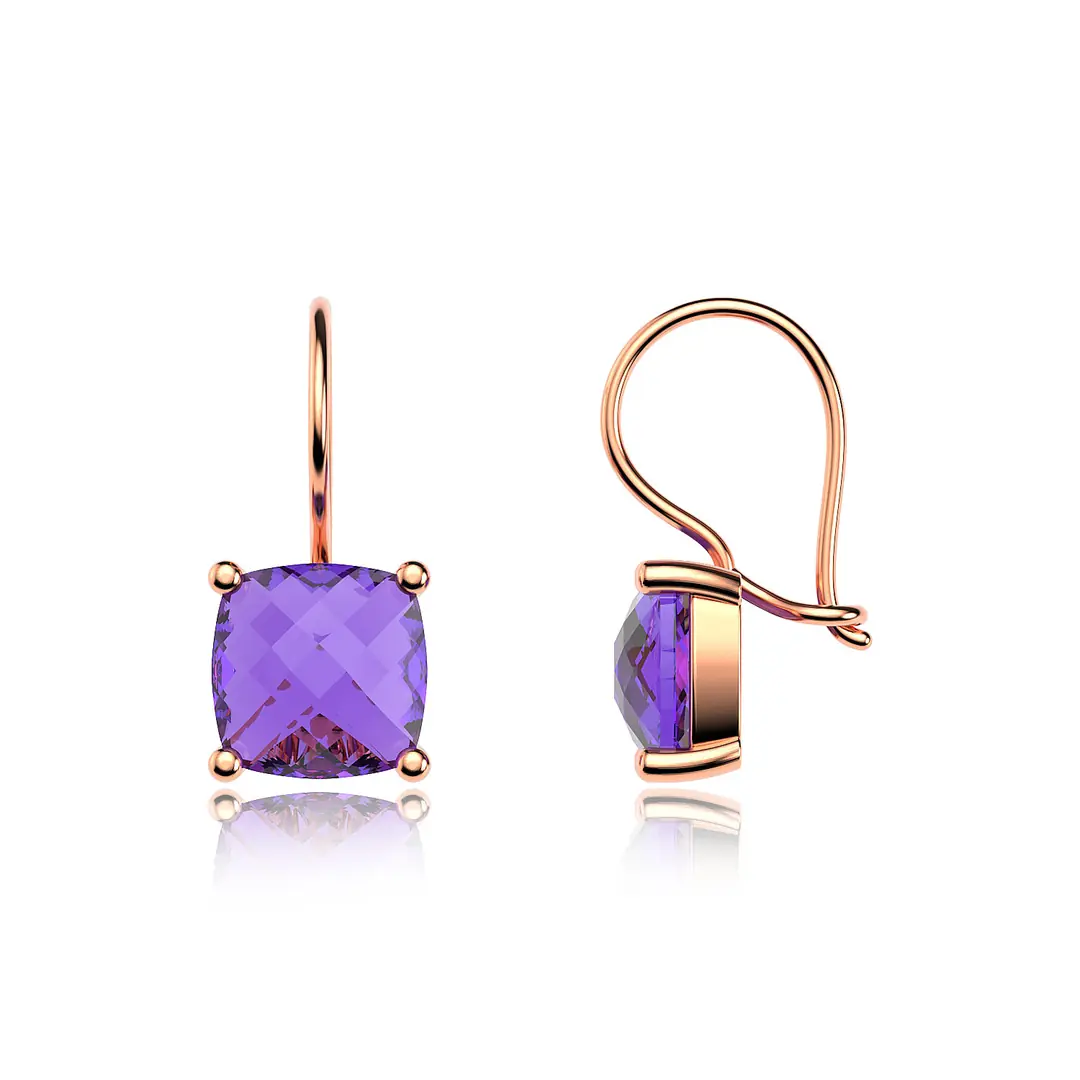 Square Amethyst Stone-set Solitaire Rose Silver Earrings