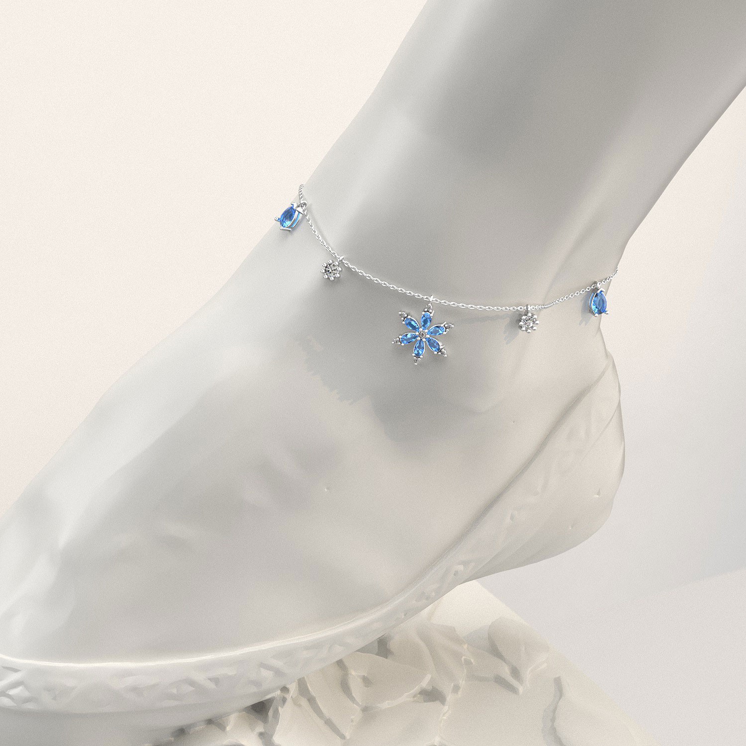Aqua Taşlı Lotus Çiçeği Beyaz Gümüş Halhal