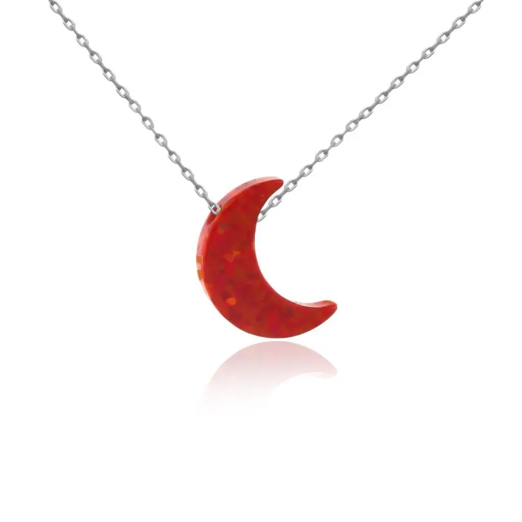Red Mother-of-Pearl Stone Hilal Silver Necklace
