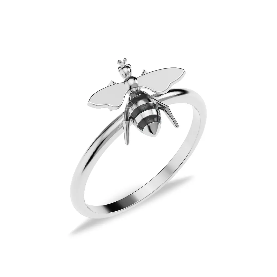 Enamel Bee White Silver Ring