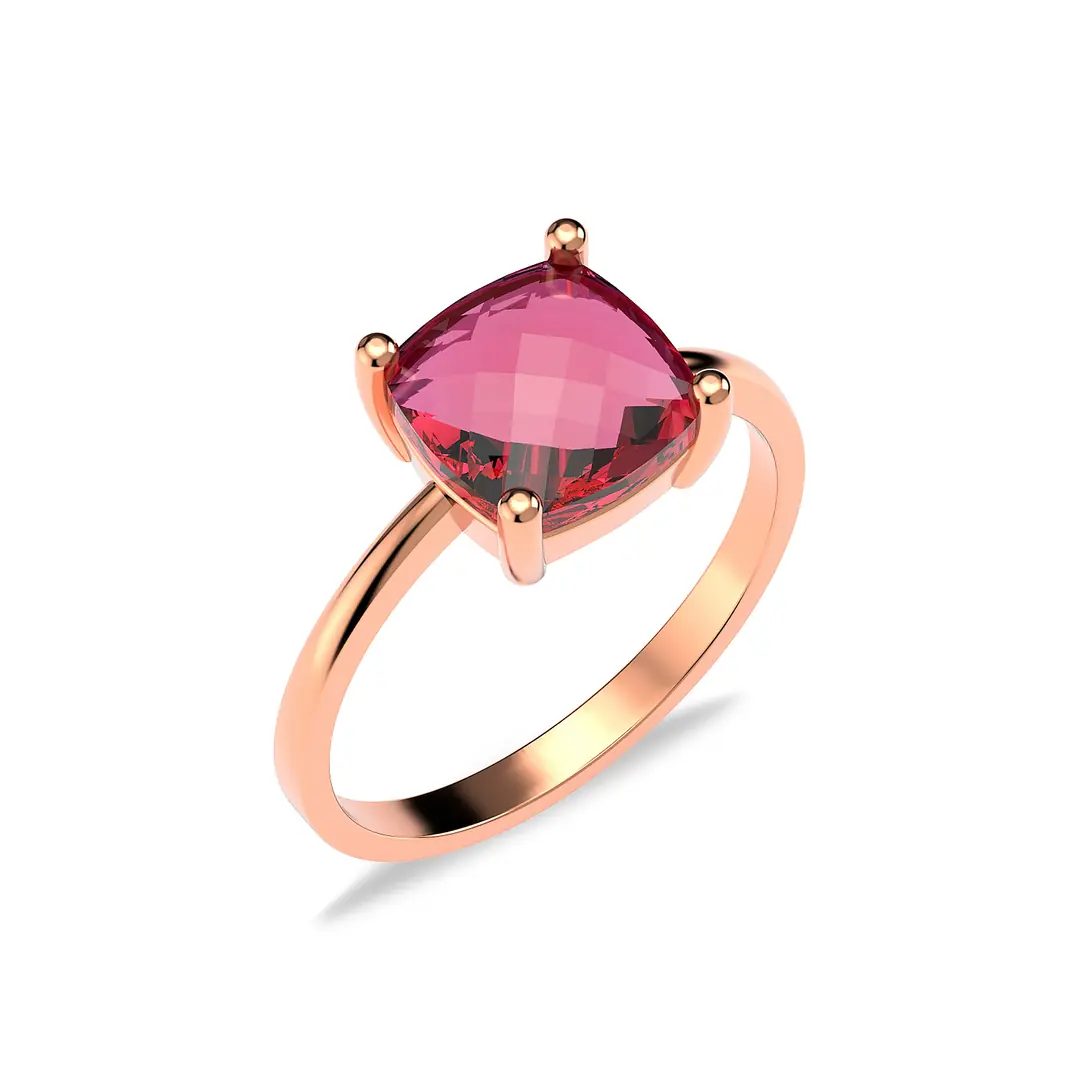 Square Fuşya Stone-set Solitaire Rose Silver Ring