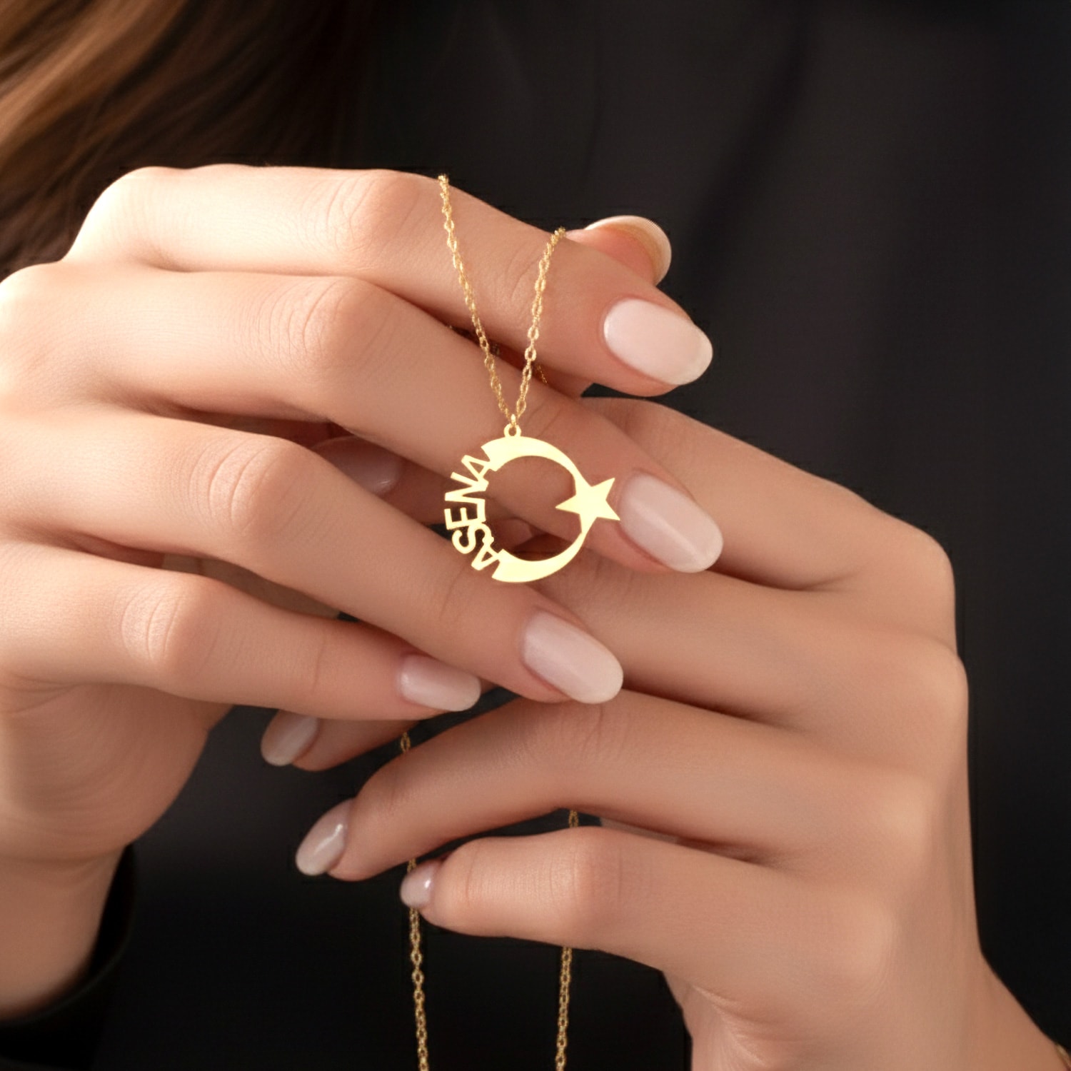 Personalized Named Crescent Star Silver Necklace