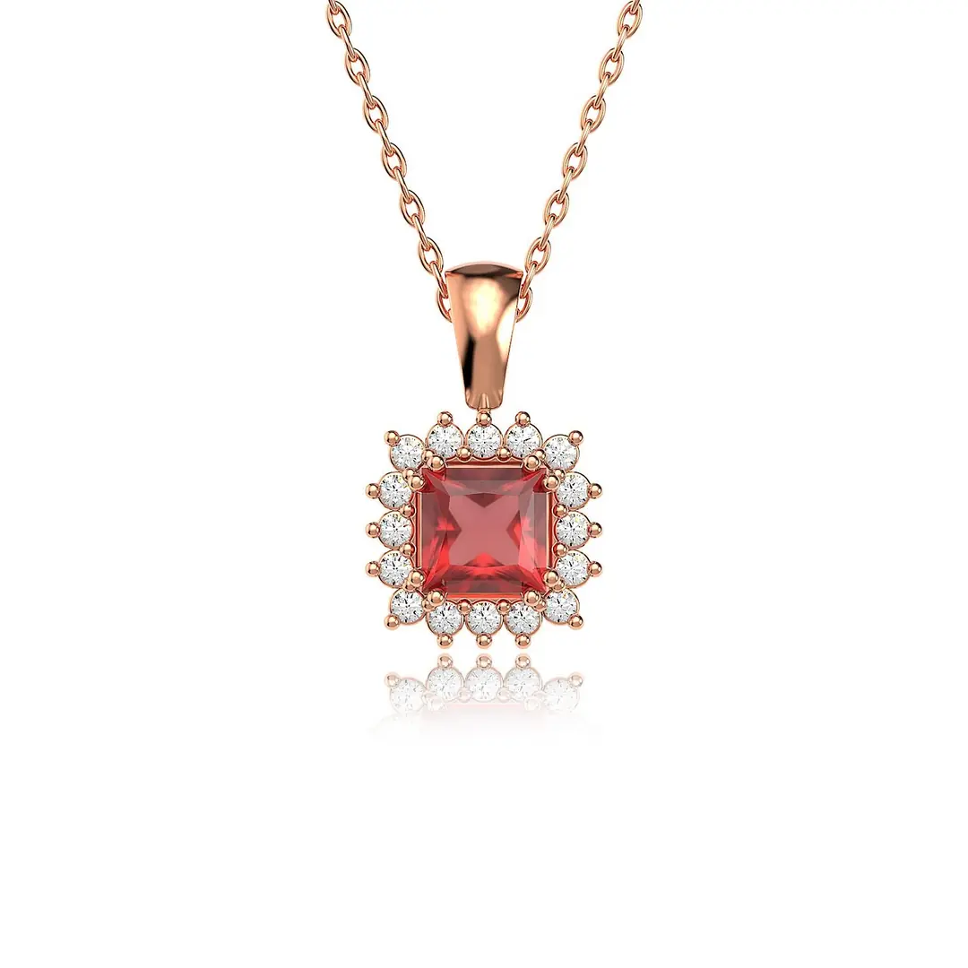 Square Fuşya Stone-set Anturaj Rose Silver Necklace