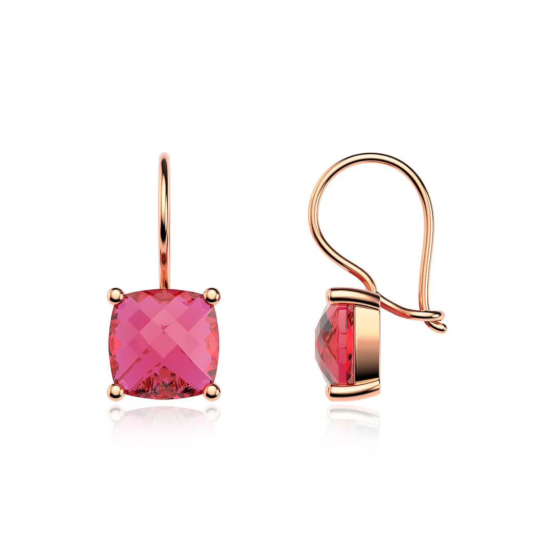 Square Fuşya Stone-set Solitaire Rose Silver Earrings